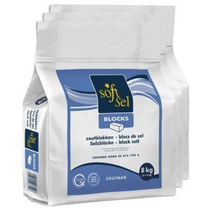 Halve pallet Soft-Sel Zoutblokken onthardingszout 68 zakken x 8kg (544kg) Vooraanzicht