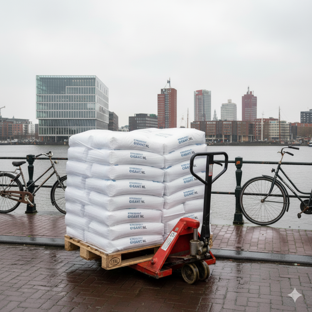 Pallet met zakken strooizout van Strooizout Gigant op een natte kade in Rotterdam, met op de achtergrond de Maas, fietsen en moderne hoogbouw.