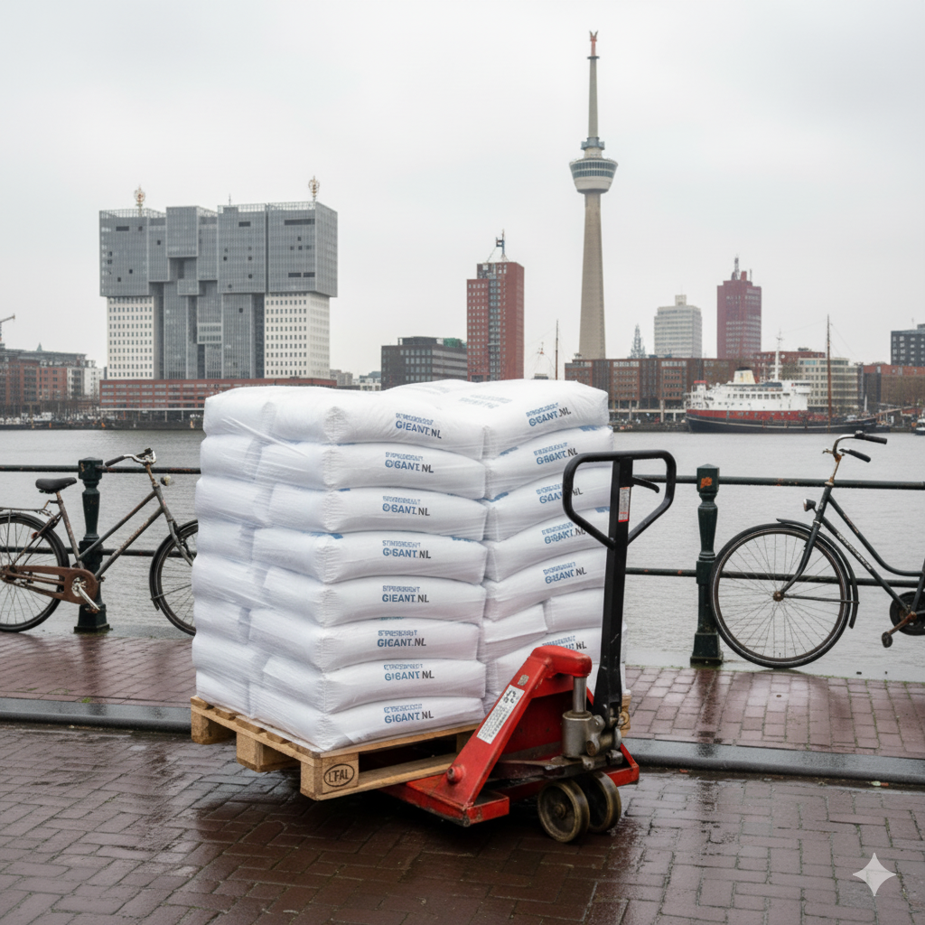 Pallet met zakken strooizout van Strooizout Gigant op de kade in Rotterdam, met op de achtergrond de Euromast en moderne stadsgebouwen langs de Maas.