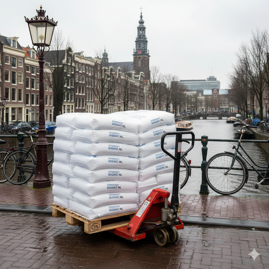 Een palletwagen met een pallet vol zakken strooizout van Strooizoutgigant.nl staat op een natte stoep langs een Amsterdamse gracht met typische grachtenpanden en de Westertoren op de achtergrond