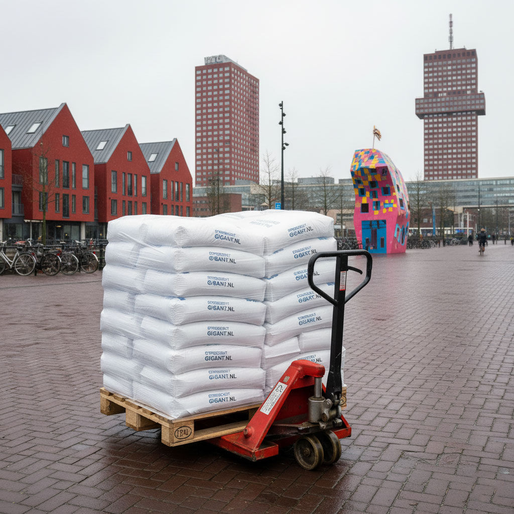 Een palletwagen met een pallet vol zakken strooizout van Strooizoutgigant.nl staat op een plein in Almere, met rode woongebouwen, hoge kantoortorens en het kleurrijke kunstwerk De Citadel op de achtergrond.