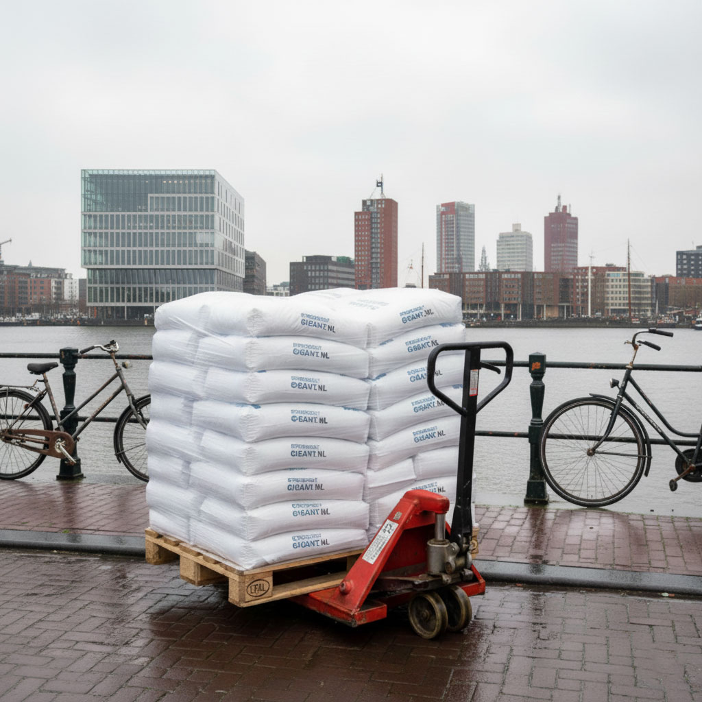 Pallet met zakken strooizout van Strooizout Gigant op een natte kade in Rotterdam, met op de achtergrond de Maas, fietsen en moderne hoogbouw.